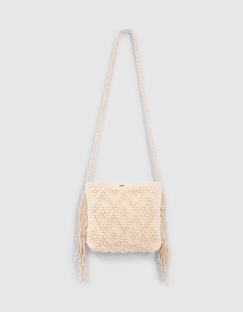 Girls’ ecru embroidered, fringed textile bag
