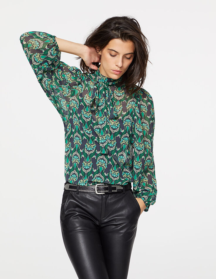Blouse col montant lavalière voile imprimé peacock femme-1