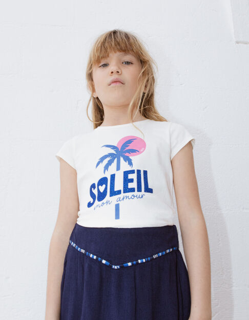 Girls' ecru T-shirt with palm image and glitter slogan