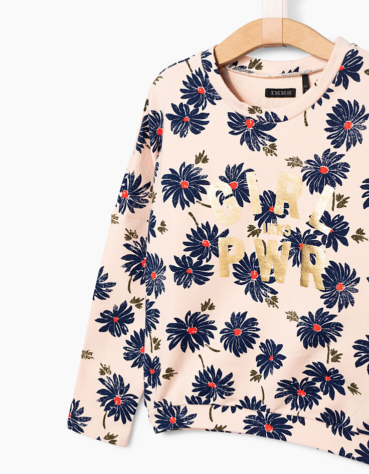 Sweat rose poudré imprimé fleurs GIRL PWR fille-3