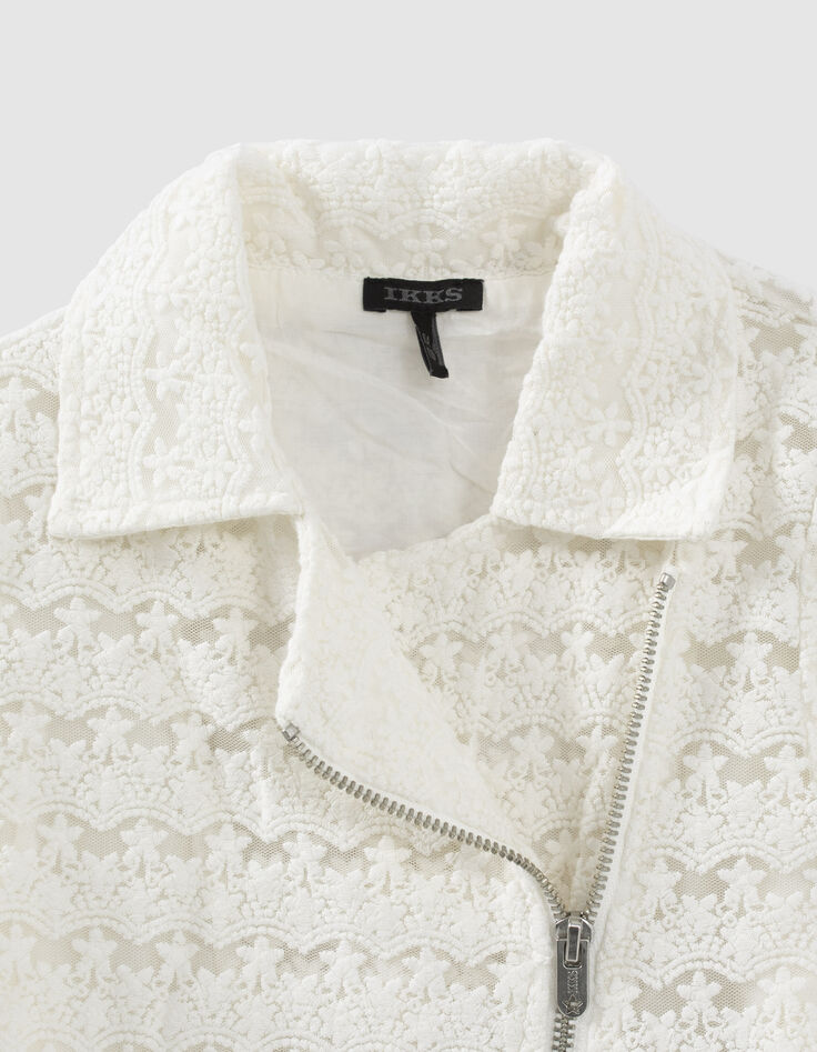 Cremeweiße Mädchen-Bikerjacke mit Spitze-5