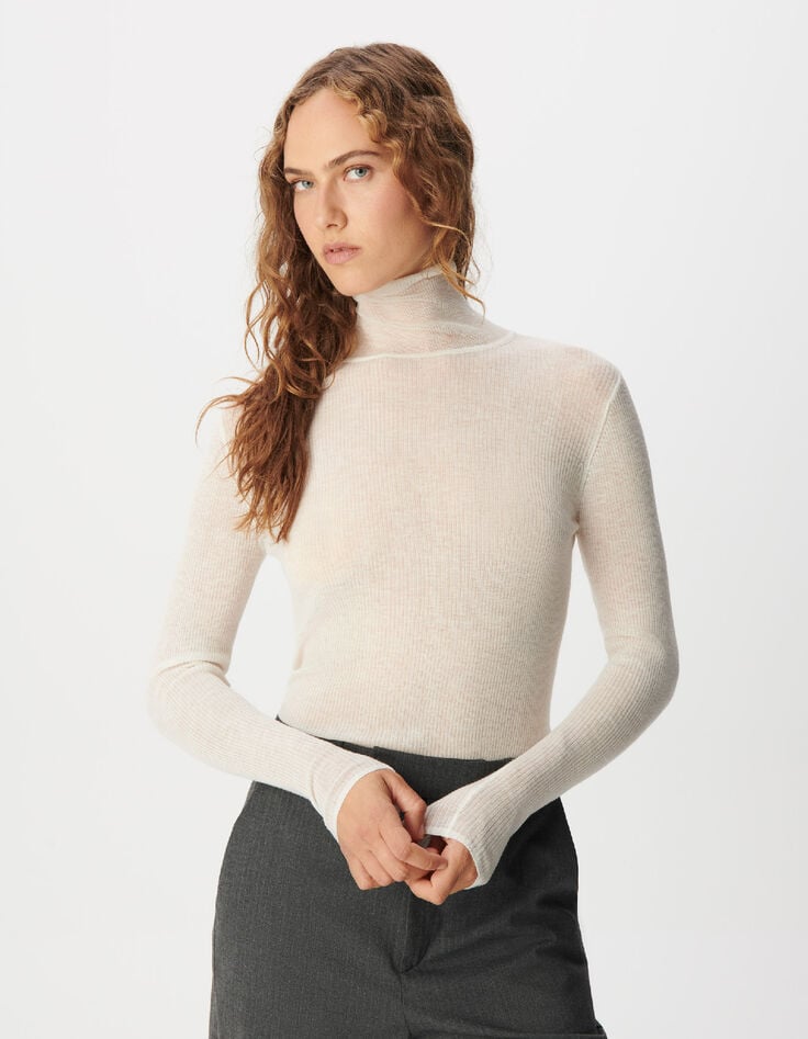 Pull col roul&eacute; blanc tricot fin c&ocirc;tel&eacute; 100% laine Femme-1