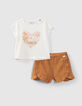 Baby girls’ ecru T-shirt and camel shorts outfit-2