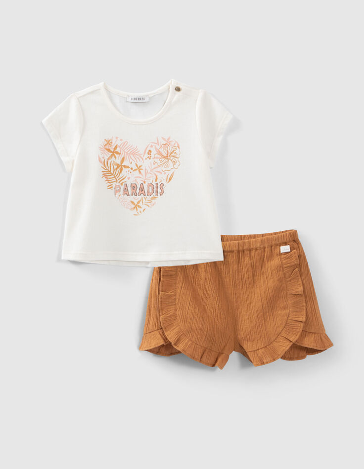 Baby girls’ ecru T-shirt and camel shorts outfit-2