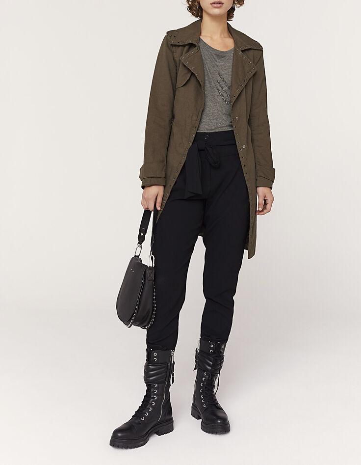 Trench long en lin kaki détails oeillets femme-1