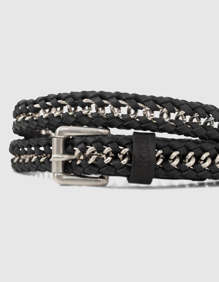 Ceinture fine en cuir noir et chaîne tressés Femme-6