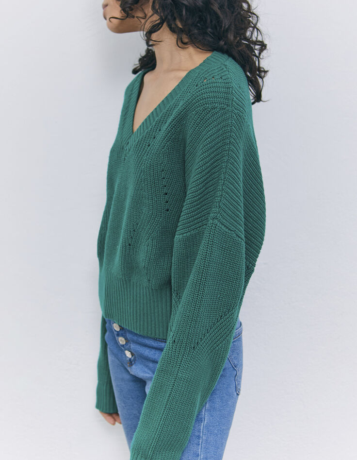 Jersey verde cuello V punto fantasía mujer-3
