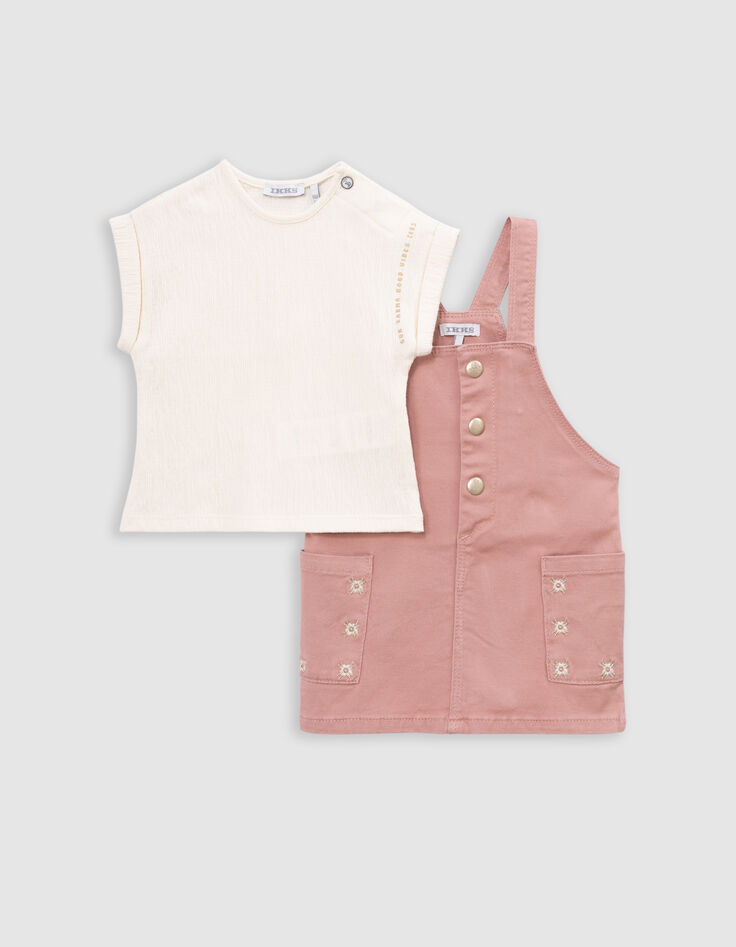 Ensemble robe-salopette rose et T-shirt écru bébé fille-8