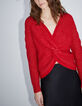 Women’s red knit sweater with bow sewn on back-4