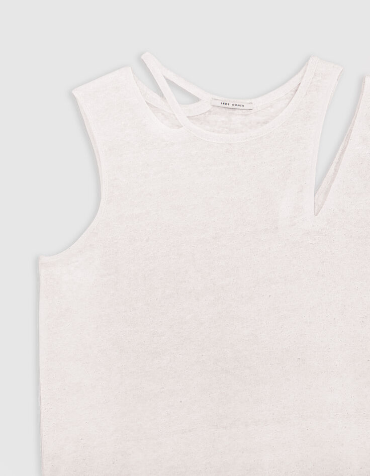 Weiße asymmetrische T-Shirt aus schillerndem Leinenstrick-9