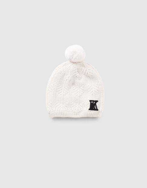 Gorro de punto blanco roto lúrex pompón niña