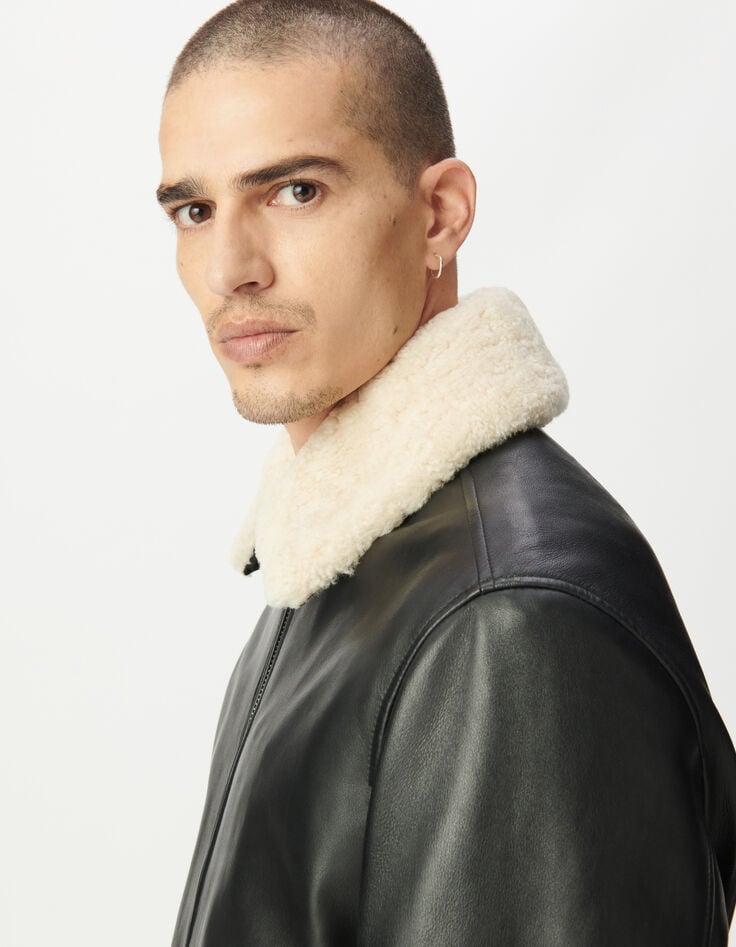 Blouson aviateur noir en cuir sherpa amovible Homme-3 Blouson aviateur noir en cuir sherpa amovible Homme-3
