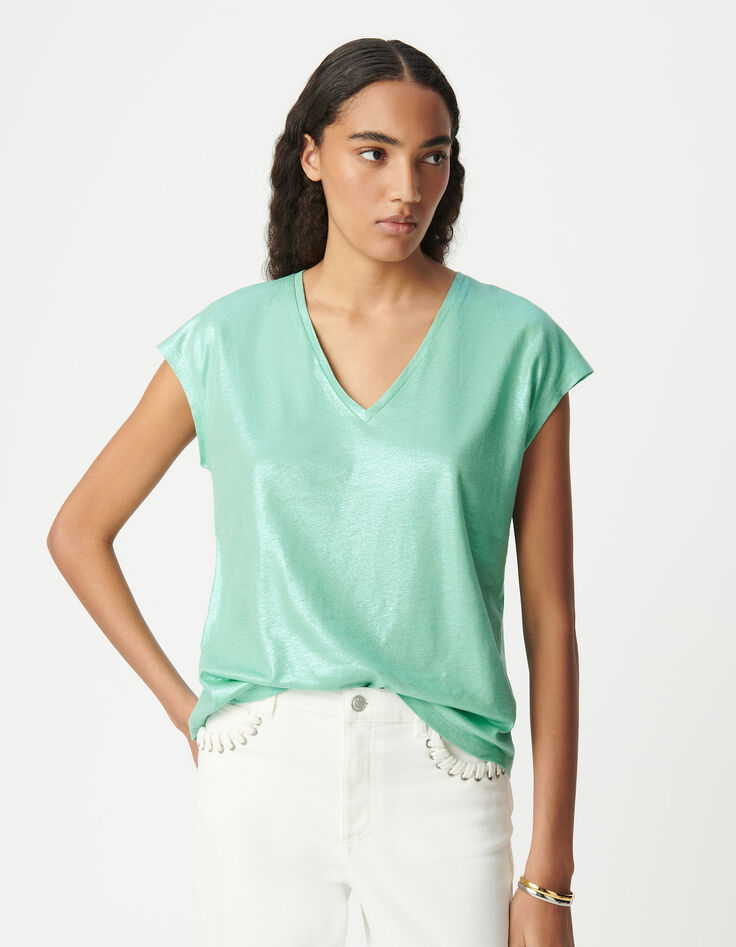 Tee-shirt col V vert maille irisée Femme-2