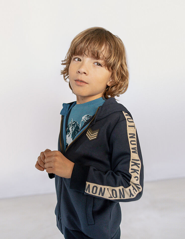 Boys’ indigo hooded cardigan with letter sleeves-1