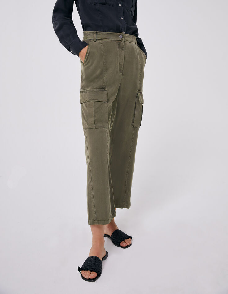 Khaki Damencargohose mit hohem Bund aus Lenzing™ Lyocell™-1