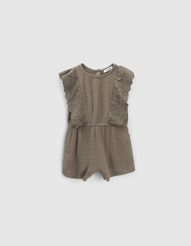 Combi courte kaki crépon à volants brodés bébé fille-1