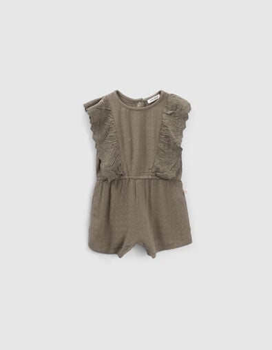 Baby girls’ khaki crepe playsuit with embroidered ruffles - IKKS