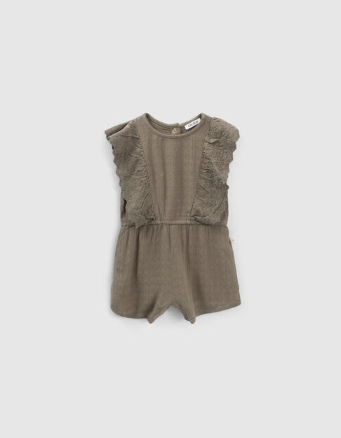 Baby girls’ khaki crepe playsuit with embroidered ruffles