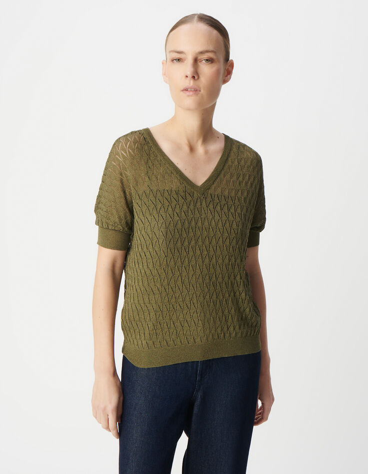 Pull kaki tricot lurex ajouré encolure V dos Femme-3