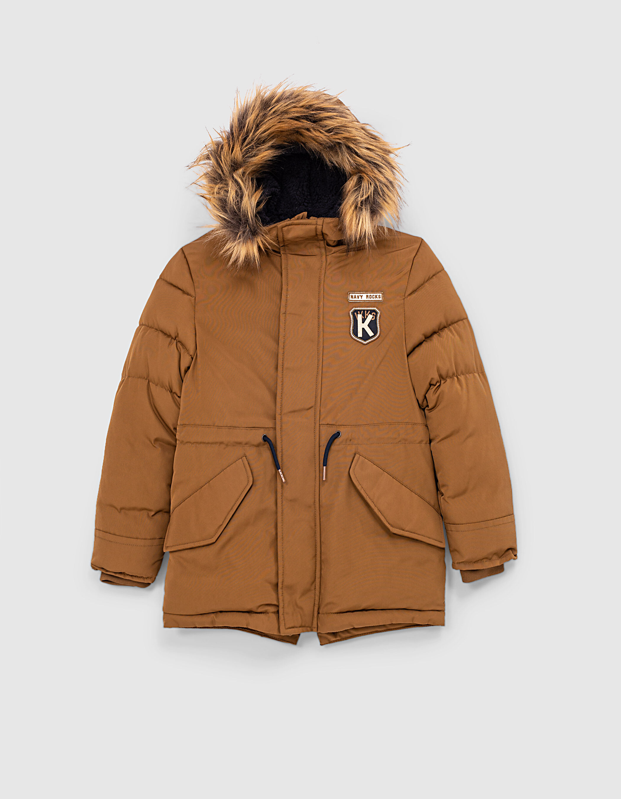 Boys cognac parka with fur lined hood