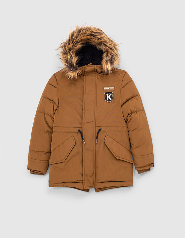 Cognac parka met gevoerde kap jongens -1