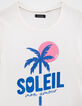 Ecru T-shirt met palmopdruk en tekst met glitters meisjes-2