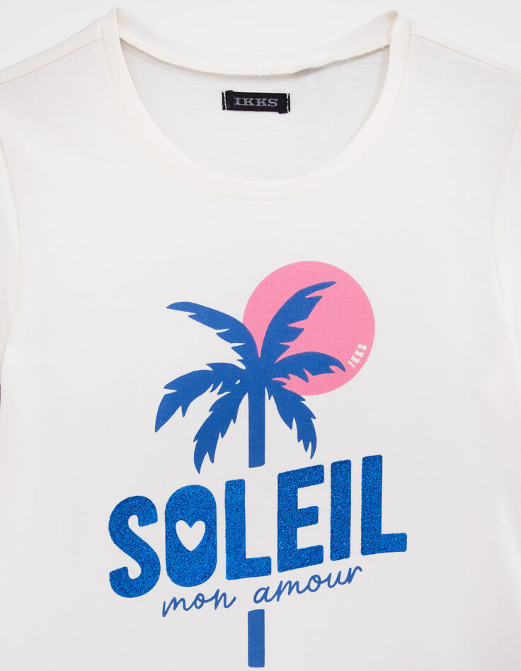 Ecru T-shirt met palmopdruk en tekst met glitters meisjes-2