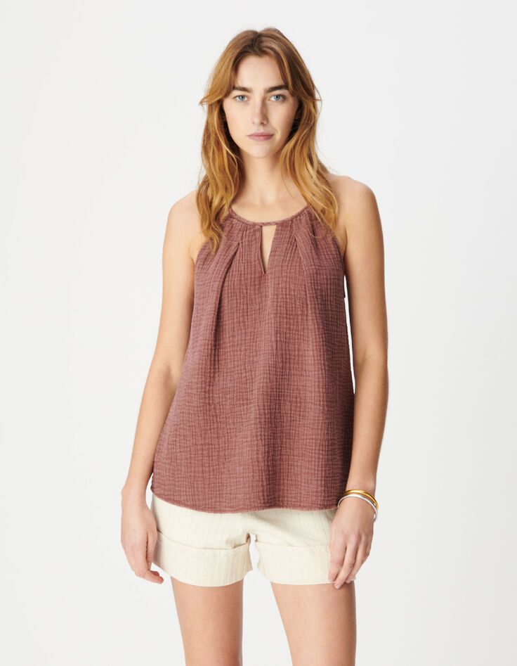 Top sans manches loose bordeaux gaze de coton Femme-5