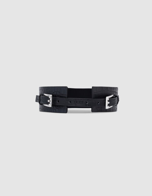 Women's croc-embossed leather black dress belt - IKKS