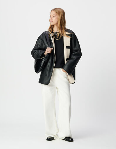 Cremefarbener Sherpa und schwarzer Damen-Wendemantel - IKKS