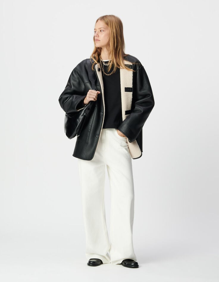 Cremefarbener Sherpa und schwarzer Damen-Wendemantel-1