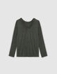 Women's khaki sequined braided neck T-shirt-5