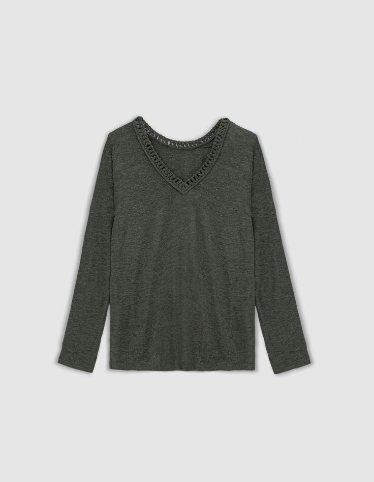 Women's khaki sequined braided neck T-shirt-5