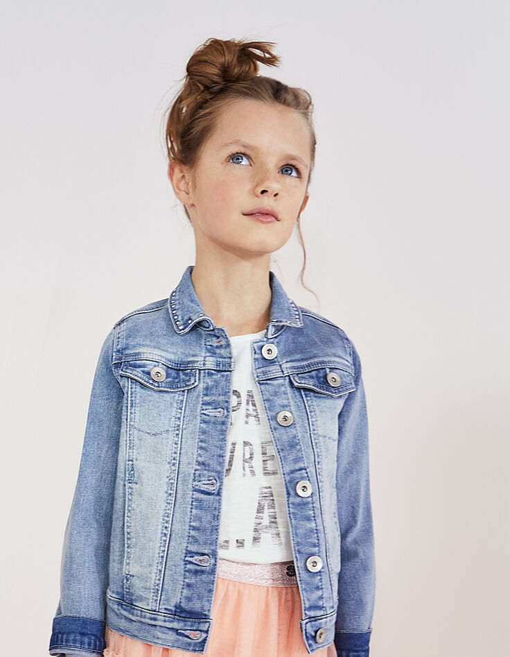 Veste en jean blue bleach à broderies pour fille-2