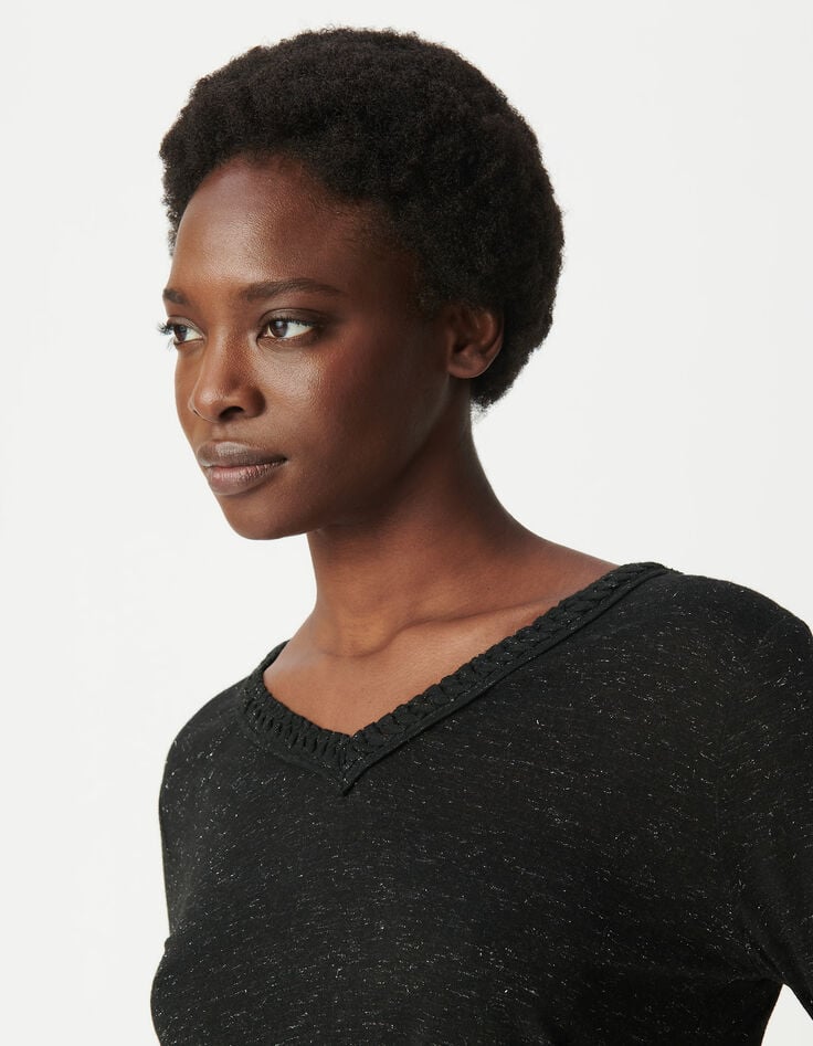 Tee-shirt noir paillet&eacute; encolure tress&eacute;e Femme-5