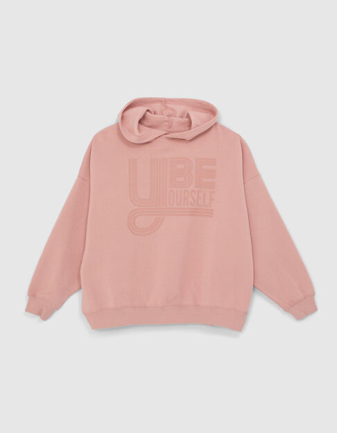 Girls’ powder pink XL flocked slogan hoodie