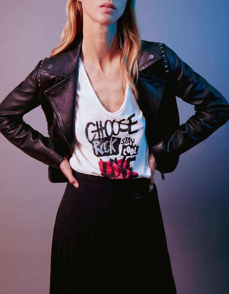 Tee-shirt écru coton bio à message clouté Femme-1