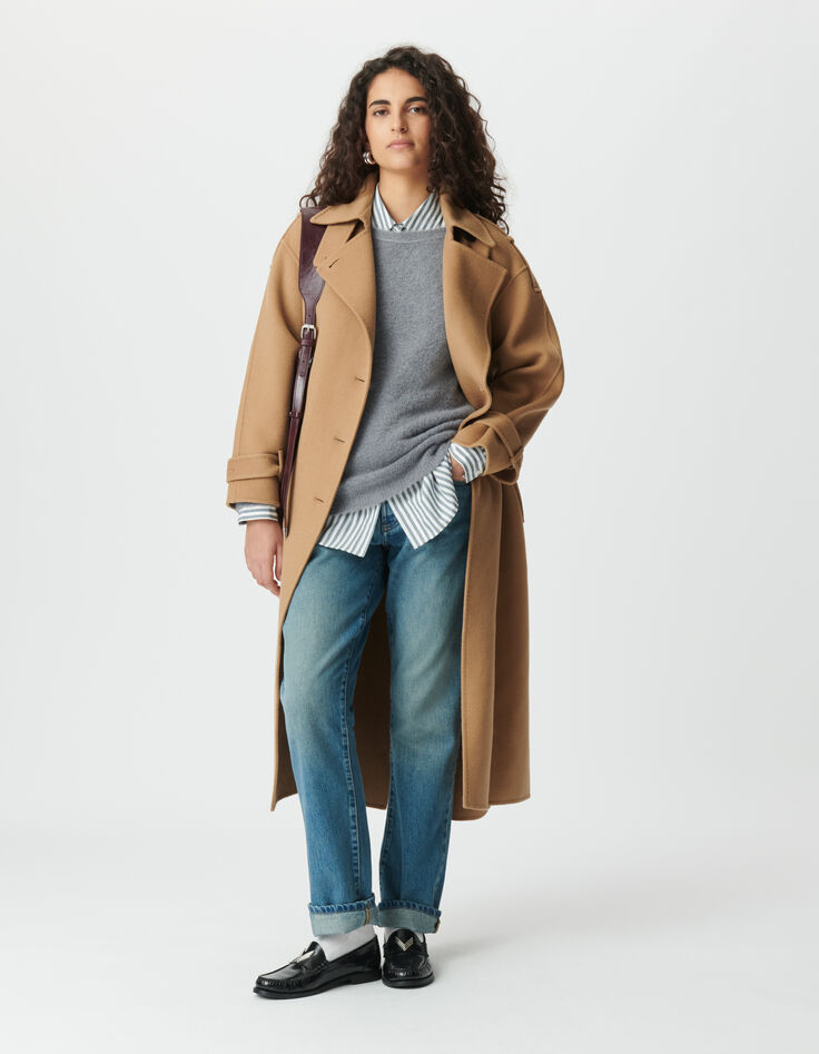 Manteau long camel lainage esprit trench Femme-1