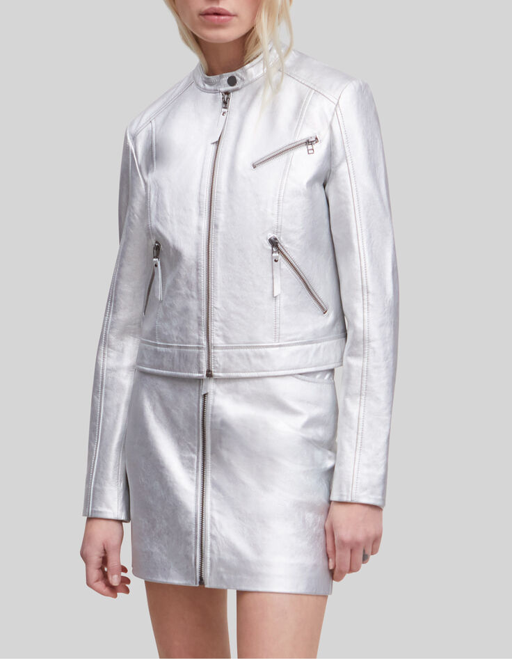 Women&rsquo;s silver leather zipped jacket-6