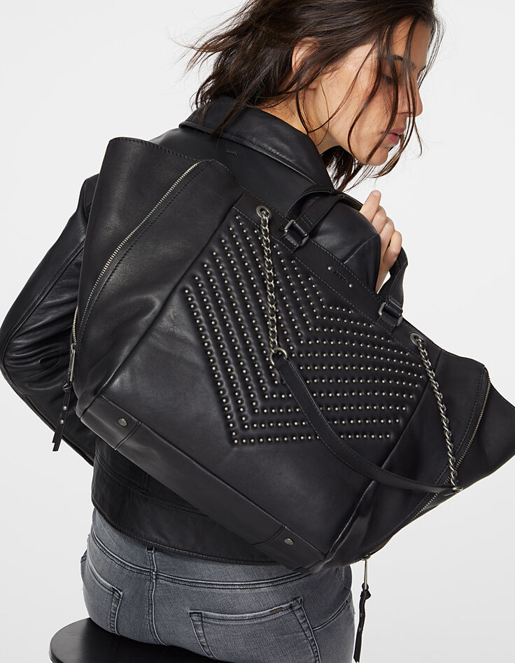 Bolso cabás cuero negro EL 1440 ROCK acolchado chevrones tachuelas mujer-3