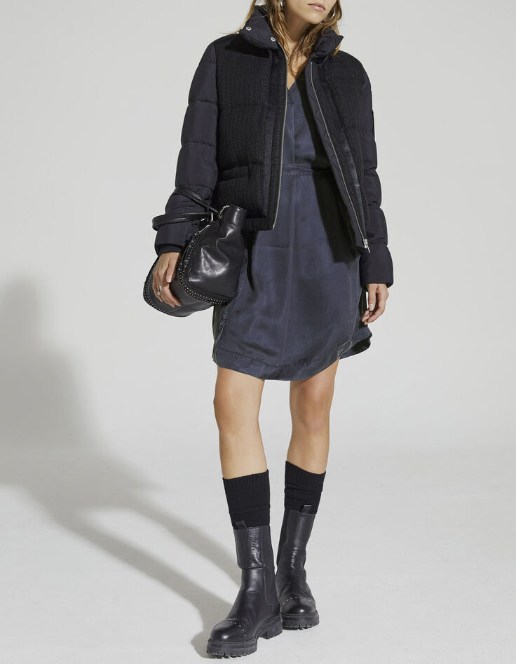 Robe courte en cupro bleu marine et pattes épaules femme-1