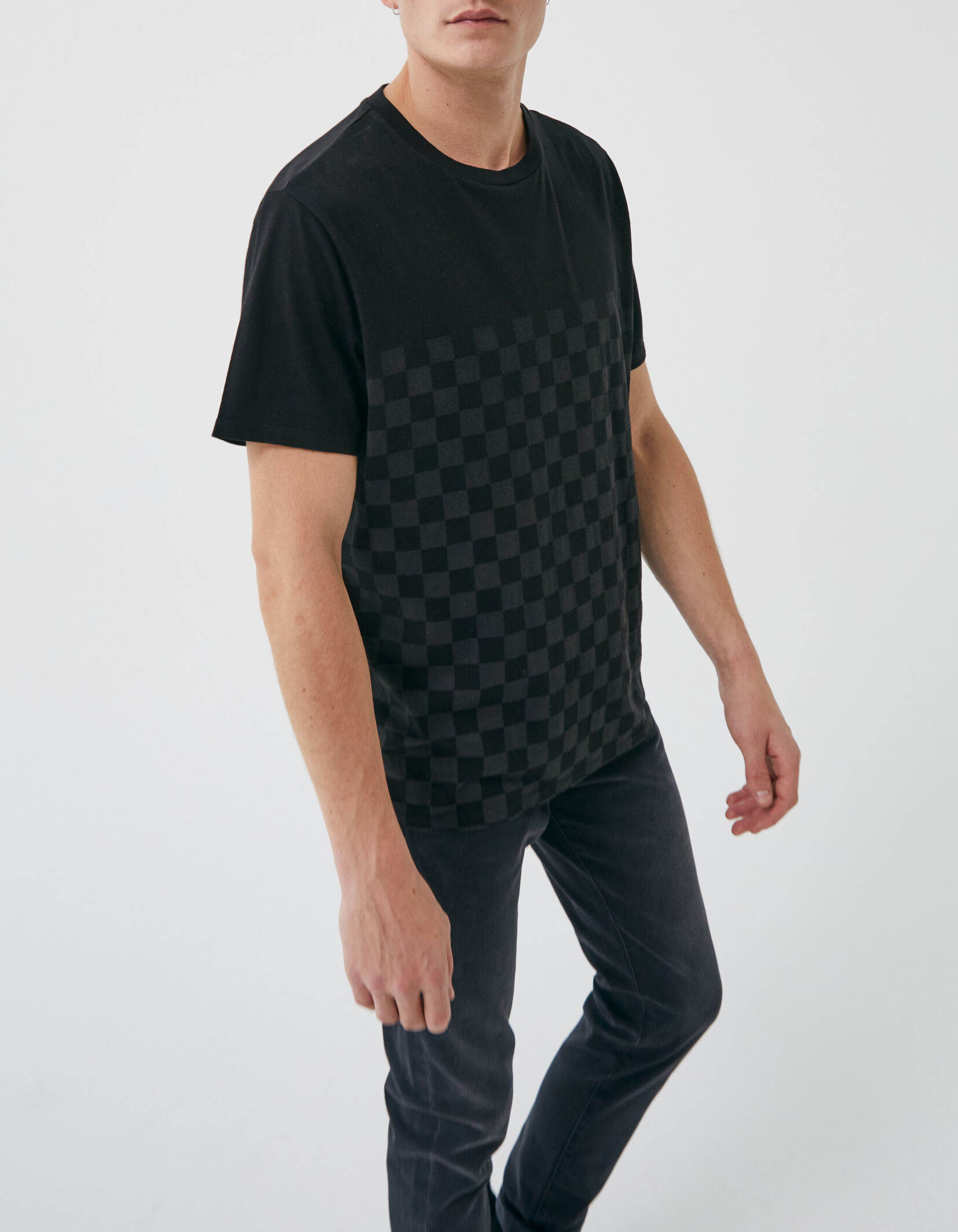 Men s black checkerboard print T shirt