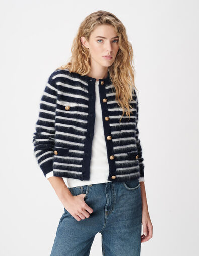 Cardigan manches longues marine rayures 100% laine Femme - IKKS