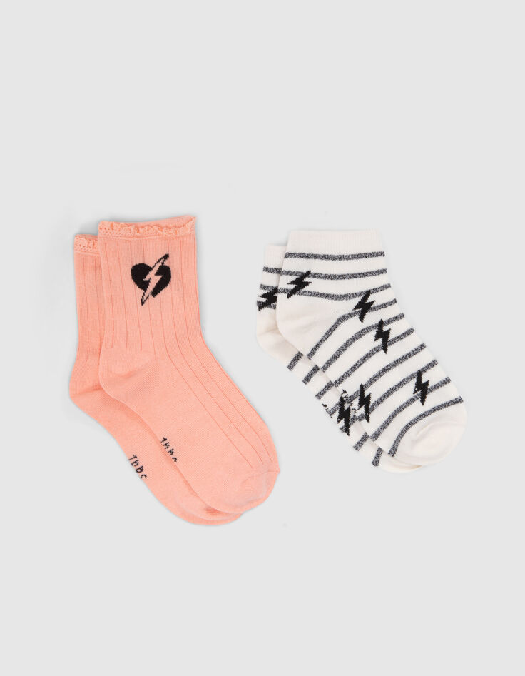 Pfirsichrote und cremeweiße Mädchensocken mit Streifen-2