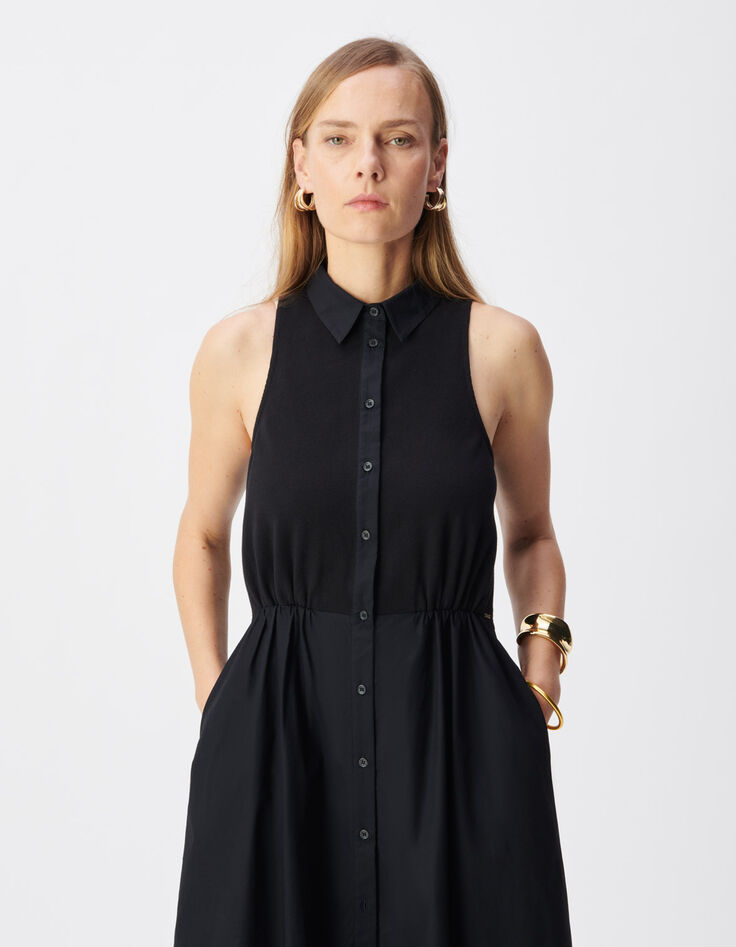 Zwarte maxi-jurk van bi-materiaal met knoopsluiting Dames-4