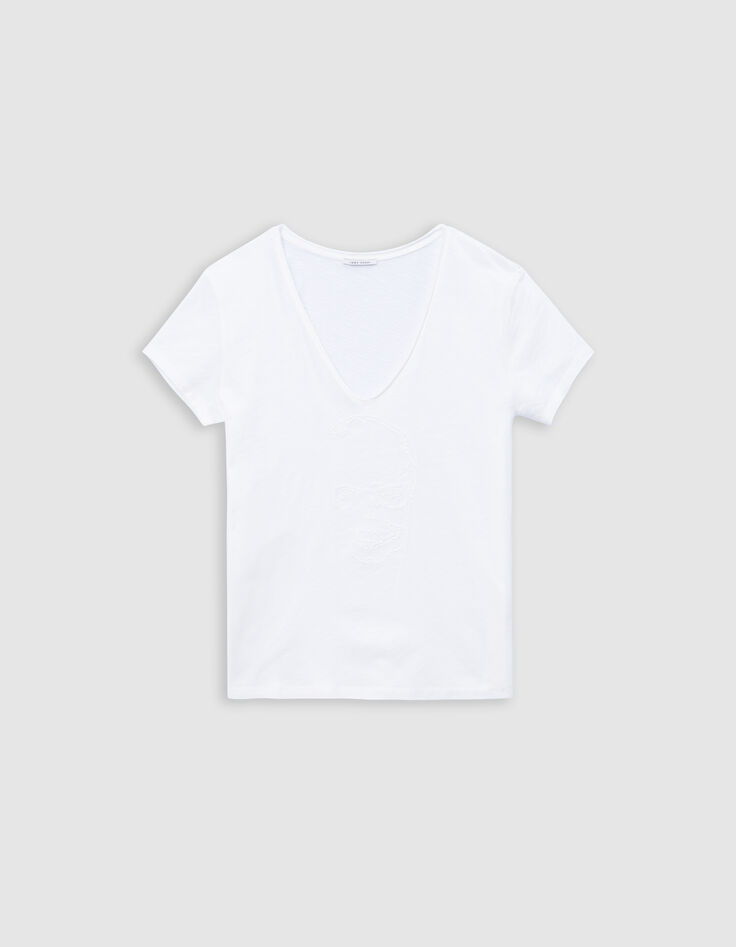 Tee-shirt col V blanc coton bio broderie t&ecirc;te de mort Femme-5