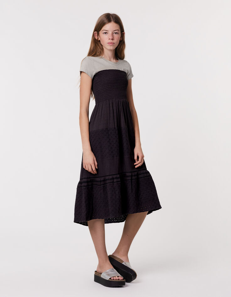 Jupe longue noire smocks à la taille fille-1