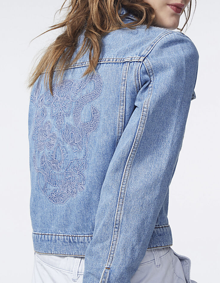 Veste courte en jean bleu broderie dos femme-1