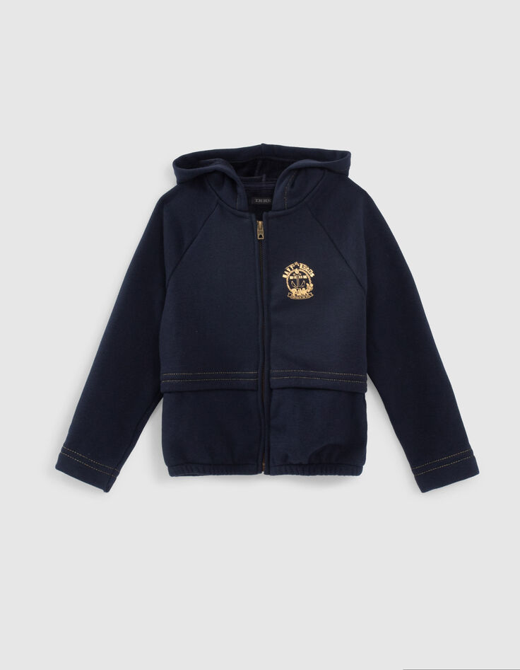 Blaue M&auml;dchensweatjacke mit Kapuze und Streifen-1