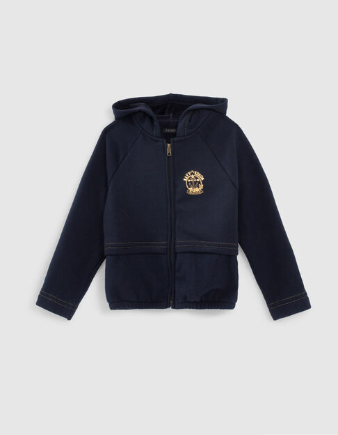 Girls’ dark navy hooded cardigan and gold stripes